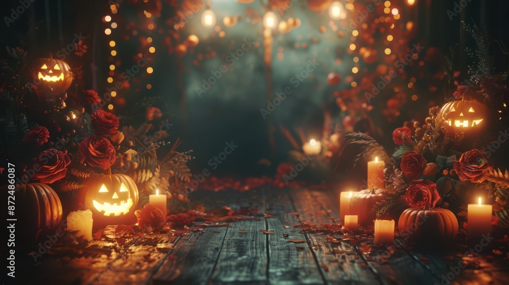 Fototapeta premium A dark room with a wooden floor and a few pumpkins and candles
