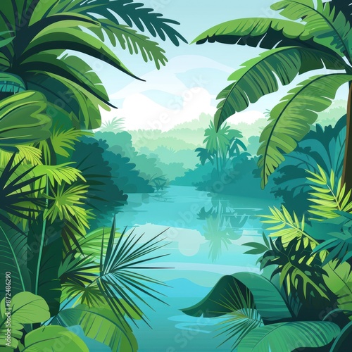 31. Tropical jungle, dense foliage and river, flat design illustration © Wavezaa