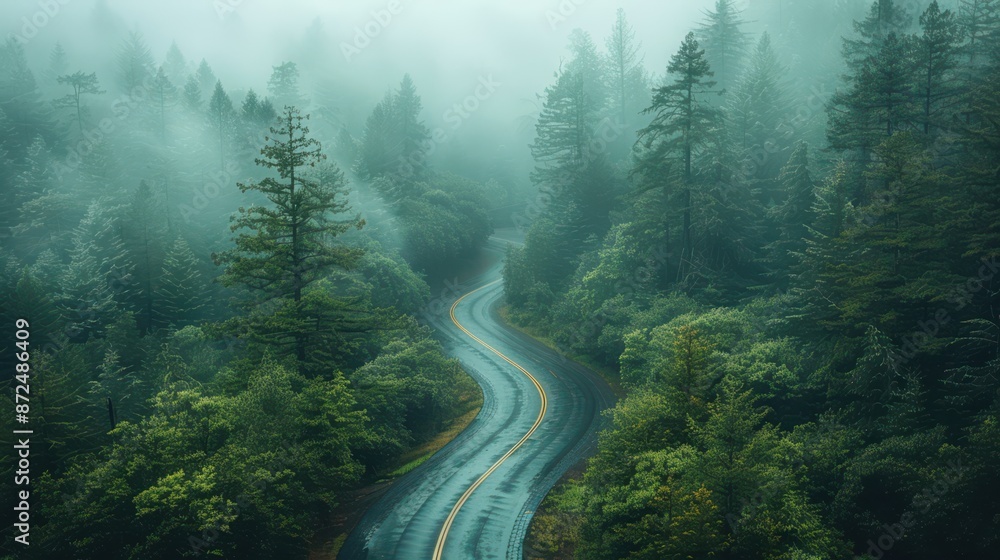 A winding road through a forest with trees on both sides A winding road through a forest with trees on both sides