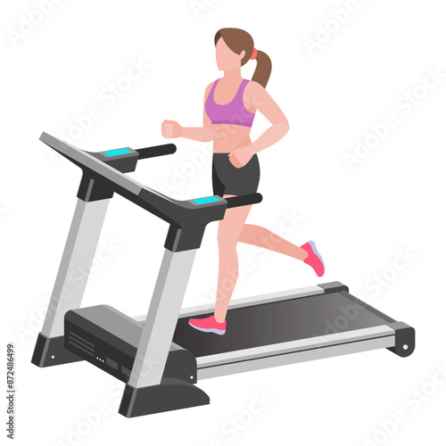 Woman Running on Treadmill Cardio Workout, Gym Fitness, Cartoon Vector Art Illustration