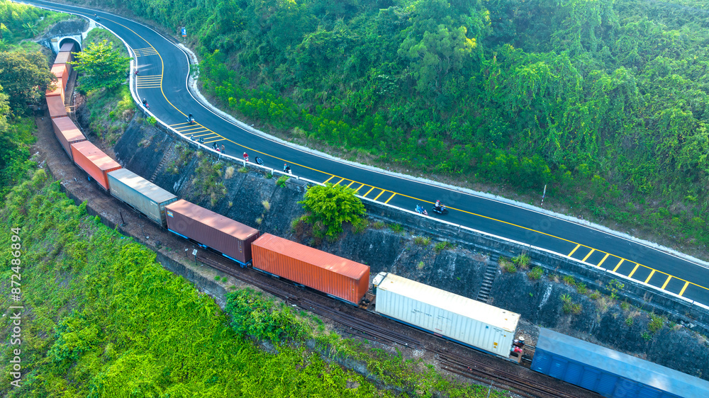 Aerial view of train and railway on Hai Van pass, Bach Ma mountain, Hue, Vietnam