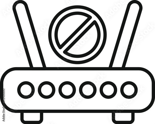 Simple line icon showing a router with a crossed out sign above, indicating a lack of internet connection