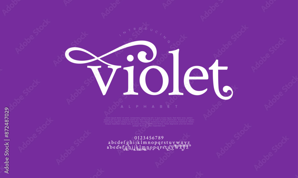 Violet premium luxury elegant alphabet letters and numbers. Vintage wedding typography classic serif font decorative vintage retro. creative vector illustration Violet premium luxury elegant alphabet letters and numbers. Vintage wedding typography classic serif font decorative vintage retro. creative vector illustration