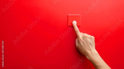 Hand pressing red button on red background