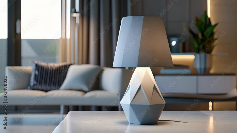 A table lamp with a geometric ceramic base in a cool bluegrey hue. A table lamp with a geometric ceramic base in a cool bluegrey hue.