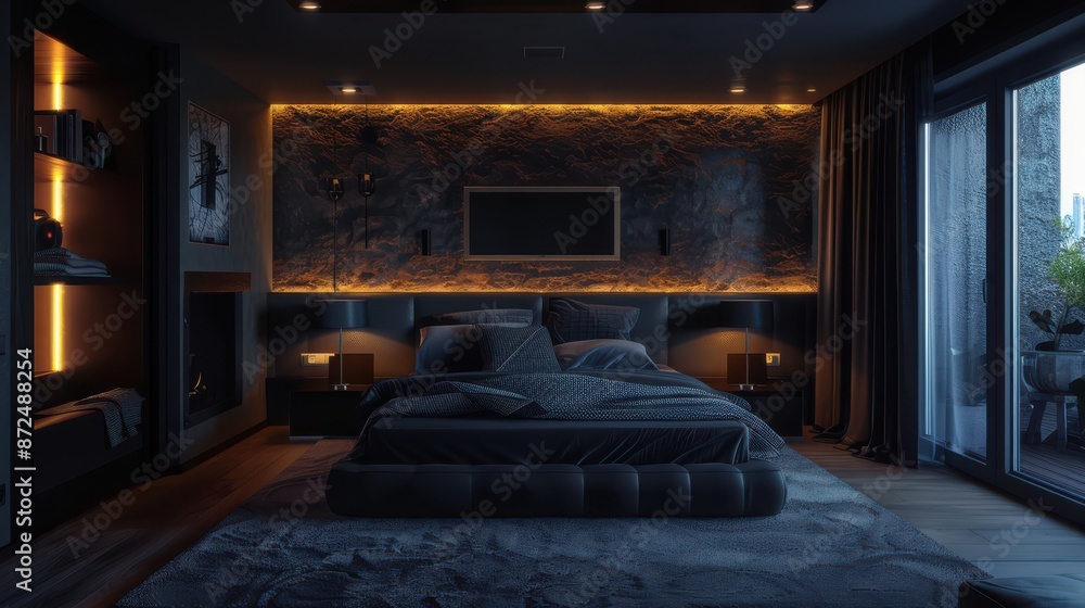 A black bedroom with a large bed, a fireplace, and a black curtain A black bedroom with a large bed, a fireplace, and a black curtain