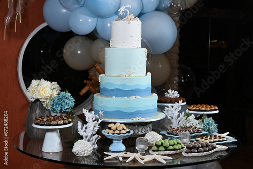 party room, birthday cake,table decoration, reception table, cake and sweet table, theme party, birthday party, cake with sea shells, maritime theme, 15th birthday party, a lot of balloons 