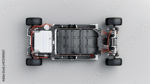 Detailed Cutaway View of Electric Vehicle Chassis with Battery Pack on White Background