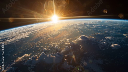 The Earth seen from space with the sun in the background, capturing an astronaut's view from orbit. Stunning depiction of our planet and the solar phenomena from the depths of space