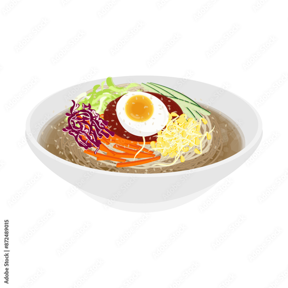 Vector illustration logo Clip art korean spicy Chewy Noodles jjolmyeon on a bowl Vector illustration logo Clip art korean spicy Chewy Noodles jjolmyeon on a bowl
