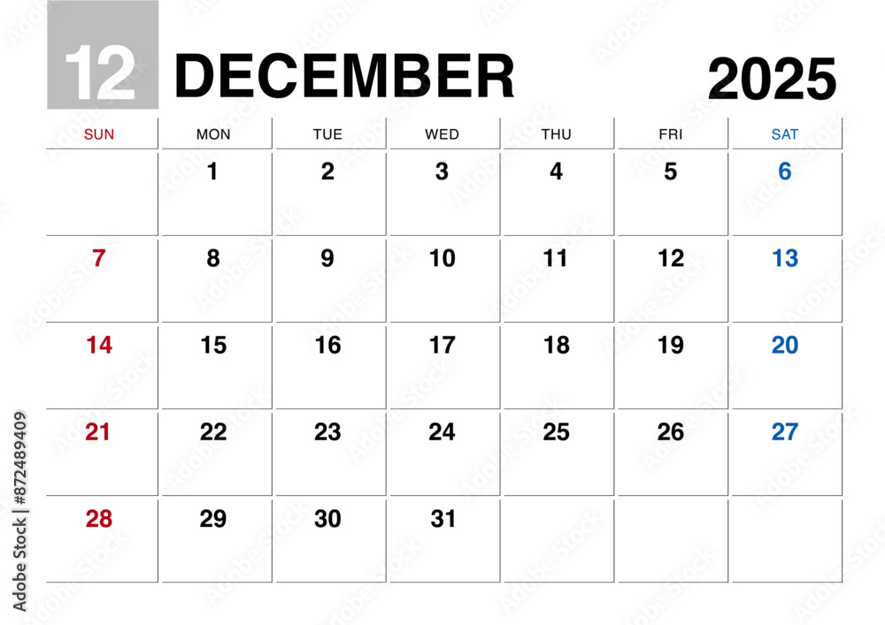 2025年12月のカレンダー日曜始まり日本の祝日表記無し