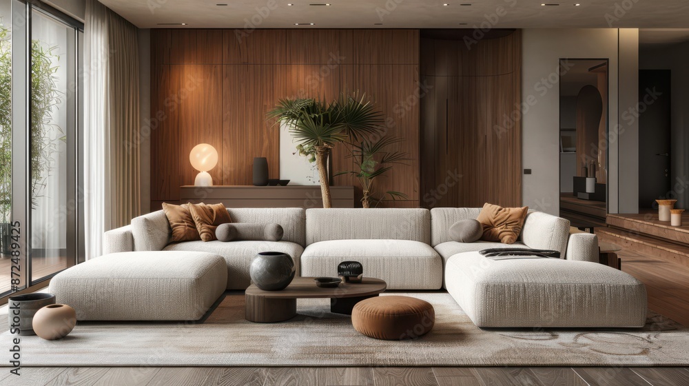 A living room with a large white couch and a potted palm tree A living room with a large white couch and a potted palm tree