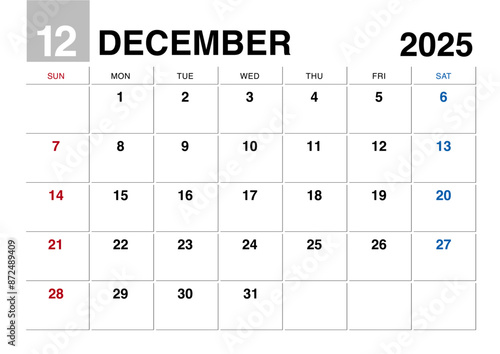 2025年12月のカレンダー日曜始まり日本の祝日表記無し