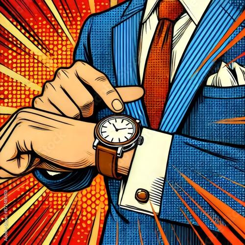 A vibrant pop art illustration depicting a businessman checking his watch. The dynamic background and comic book style emphasize the urgency and importance of time management