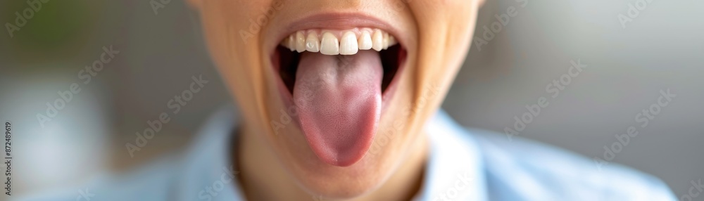 Obraz premium Close-up of a person sticking out their tongue, showcasing a healthy mouth and teeth. Ideal for dental care and health-related concepts.