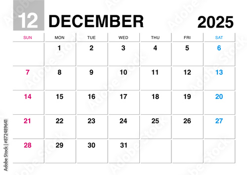 2025年12月のカレンダー日曜始まり