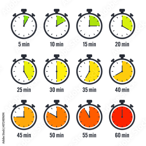 Stopwatch icons. Colorful simple chronometer, time counter with dial. Countdown timer showing hours and minutes. Deadline, measurement for sport. Cooking time label, sticker. Vector illustration