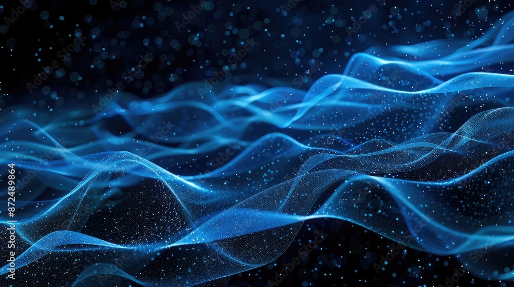 Blue particle streaks forming lines and 3D waves on black Blue particle streaks forming lines and 3D waves on black