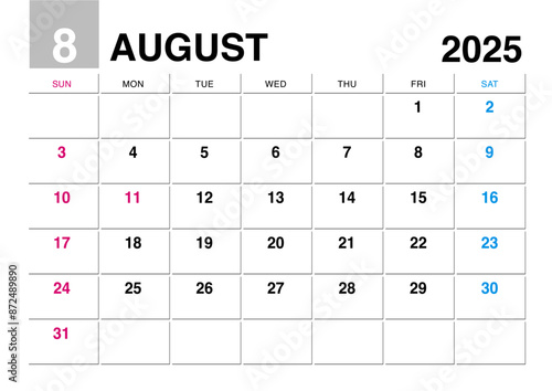 2025年8月のカレンダー日曜始まり