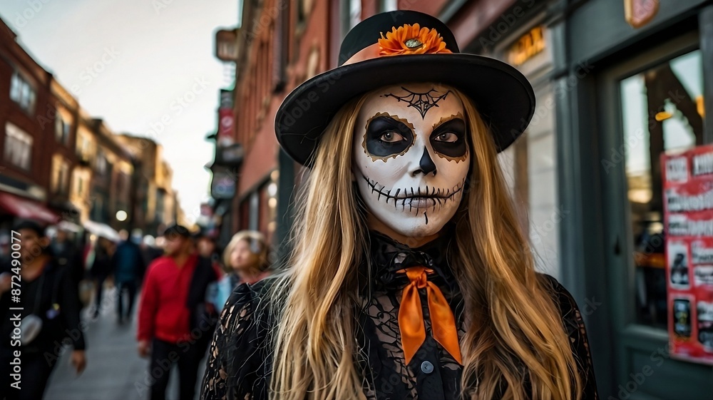 portrait of a woman in the street with halloween mask portrait of a woman in the street with halloween mask