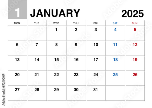 2025年1月のカレンダー月曜始まり日本の祝日表記無し
