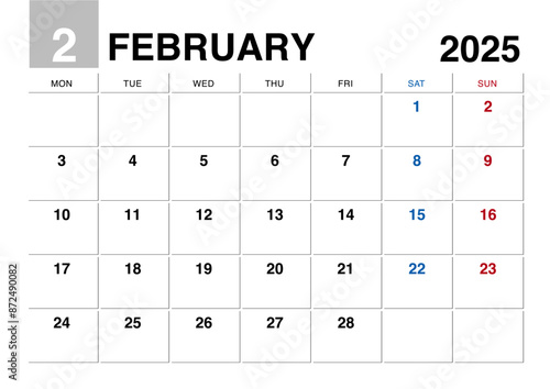 2025年2月のカレンダー月曜始まり日本の祝日表記無し
