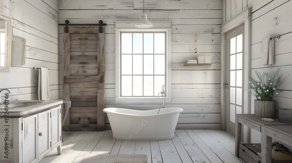 Farmhouse Bathroom: Description: Rustic and charming with a cozy, lived-in feel. Details: Incorporates elements like shiplap walls, barn doors, and farmhouse sinks. Often uses natural materials like w Farmhouse Bathroom: Description: Rustic and charming with a cozy, lived-in feel. Details: Incorporates elements like shiplap walls, barn doors, and farmhouse sinks. Often uses natural materials like w