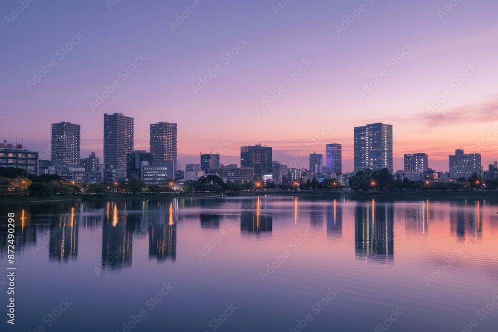 Fototapeta premium Cityscape at Dusk with Reflections in Water