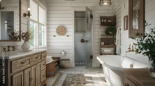 Farmhouse Bathroom: Description: Rustic and charming with a cozy, lived-in feel. Details: Incorporates elements like shiplap walls, barn doors, and farmhouse sinks. Often uses natural materials like w