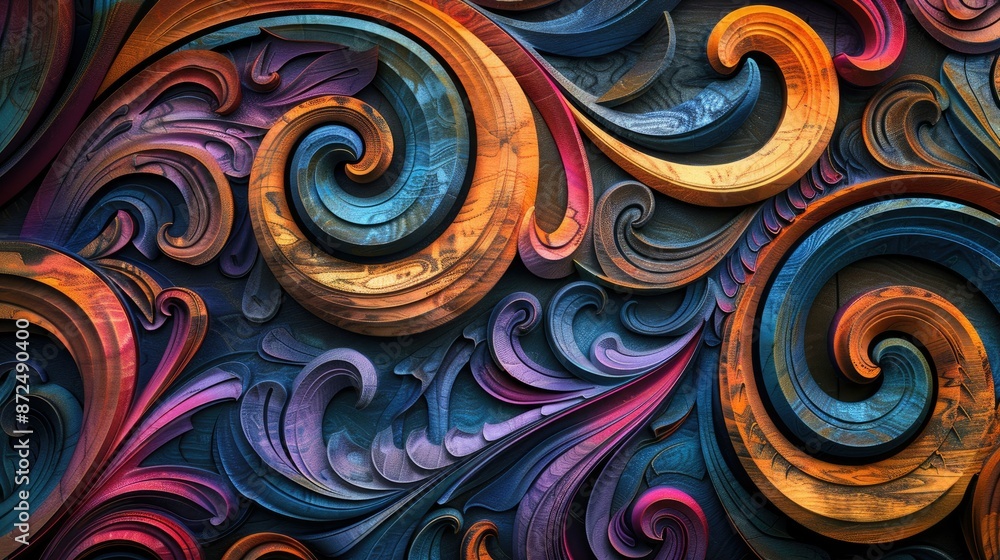 Carved wood background with abstract patterns and vibrant color tones Carved wood background with abstract patterns and vibrant color tones