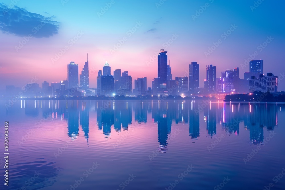 City Skyline Reflected in Still Water at Dawn City Skyline Reflected in Still Water at Dawn