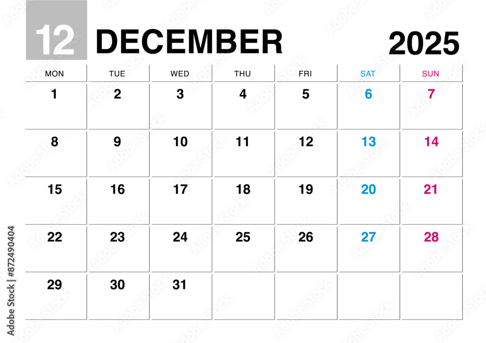 2025年12月のカレンダー月曜始まり 2025年12月のカレンダー月曜始まり