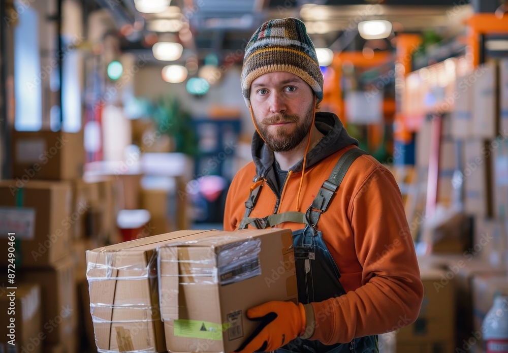 A worker carrying boxes and moving in an office, wearing gloves and overalls with orange shirt A worker carrying boxes and moving in an office, wearing gloves and overalls with orange shirt