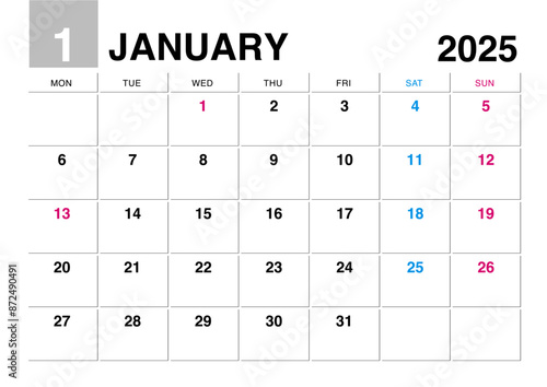2025年1月のカレンダー月曜始まり