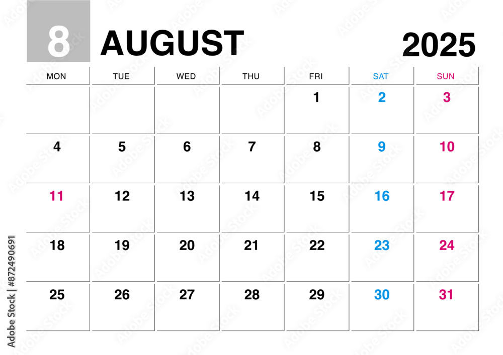 2025年8月のカレンダー月曜始まり

