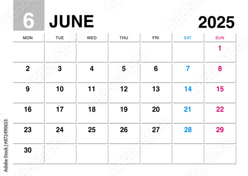 2025年6月のカレンダー月曜始まり
