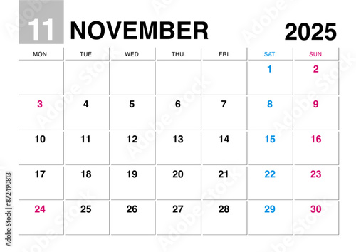 2025年11月のカレンダー月曜始まり