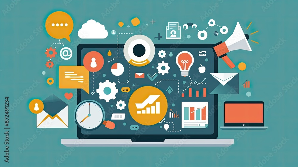 Digital marketing action plan on laptop screen, startup concept Digital marketing action plan on laptop screen, startup concept