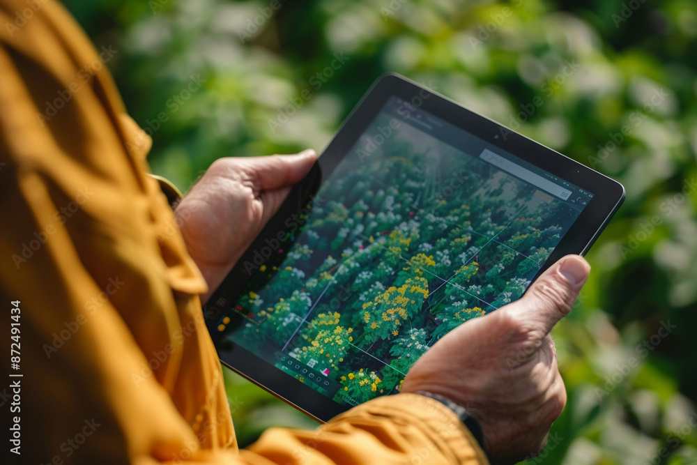 Close-up of a farmers hands holding a tablet in a smart farming setup Close-up of a farmers hands holding a tablet in a smart farming setup