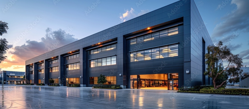 Modern Black Office Building with Sunset Sky Modern Black Office Building with Sunset Sky