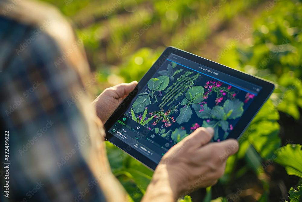 Close-up view of a tablet displaying agricultural analytics