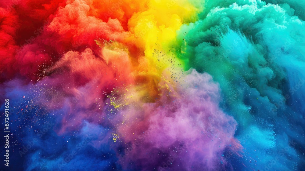 Explosion of vibrant rainbow holi colors in wide isolated shot Explosion of vibrant rainbow holi colors in wide isolated shot