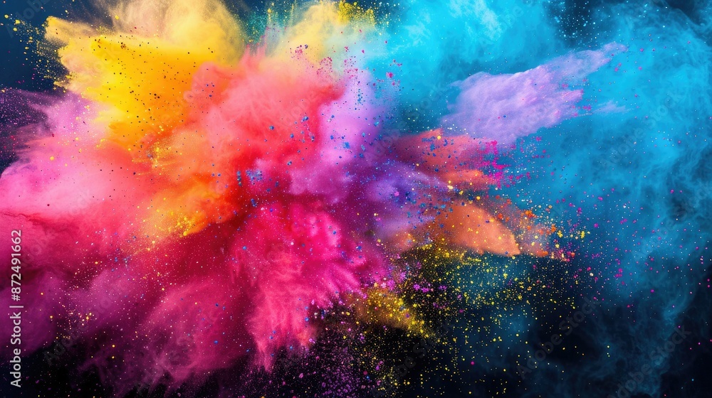 Explosion of vibrant rainbow holi colors in wide isolated shot Explosion of vibrant rainbow holi colors in wide isolated shot