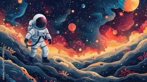 Astronaut Exploring Colorful Alien Planet in Vibrant Outer Space Illustration with Planets and Stars © Dragon42