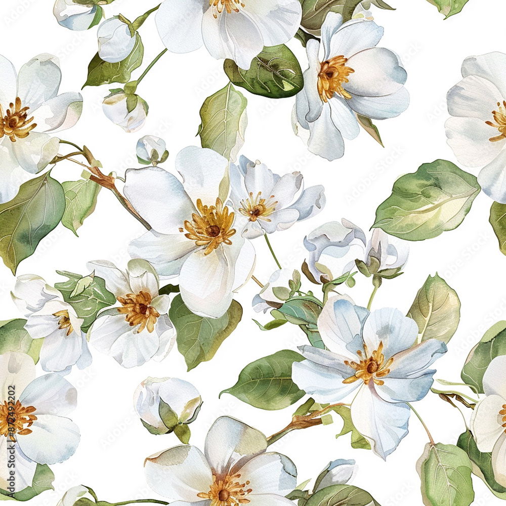 Fototapeta premium white flowers watercolor seamless patterns