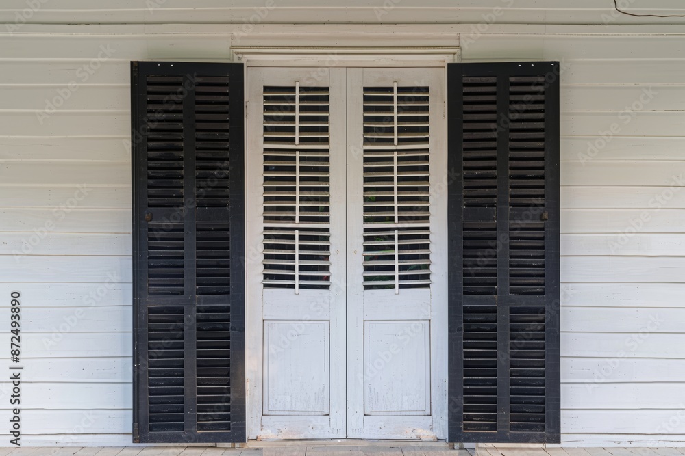 Old wooden doors with black and white shutters on a white wall Old wooden doors with black and white shutters on a white wall