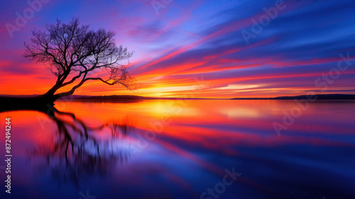 A tree is reflected in the water of a lake