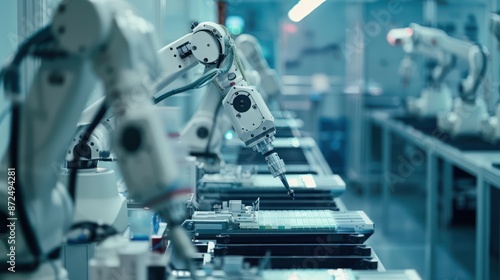 Robotic arms assembling products on a high-tech production line. 