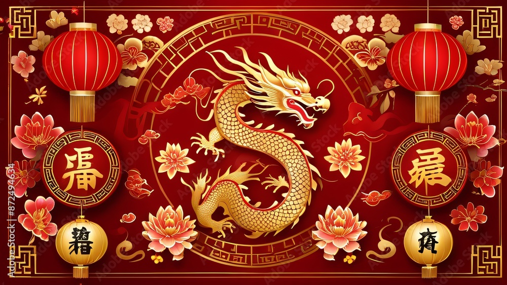 Chinese New Year Design: Red lanterns, dragons, and fireworks with Chinese calligraphy. Details: Incorporate traditional symbols like the Chinese zodiac animal of the year, using a red and gold color Chinese New Year Design: Red lanterns, dragons, and fireworks with Chinese calligraphy. Details: Incorporate traditional symbols like the Chinese zodiac animal of the year, using a red and gold color