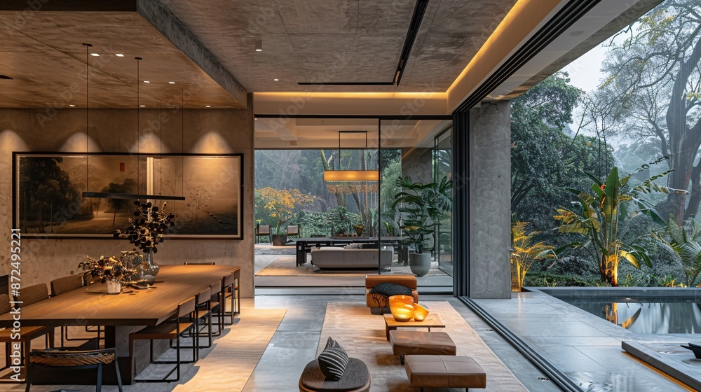 Modern open-concept dining area with wooden table and large glass doors opening to outdoor garden. Modern open-concept dining area with wooden table and large glass doors opening to outdoor garden.